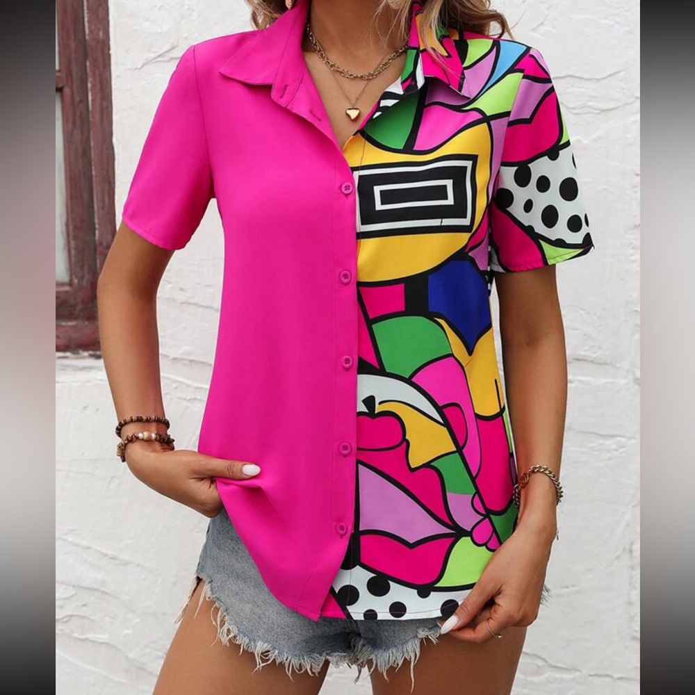 Boho Pop Art Color Block 2 Tone Short Sleeve Button Down Shirt Top Blouse Pink - Picture 3 of 8